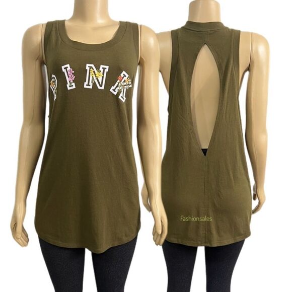 Victoria’s Secret Pink Floral Logo Racerback Open Back tank top Olive XLarge - Picture 1 of 3